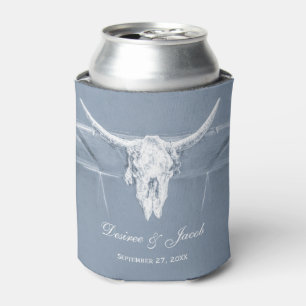 Rustic Dusty Blue White Western Cow Skull Wedding Can Cooler