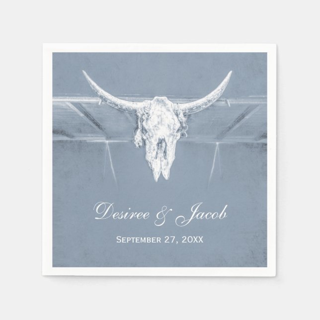 Rustic Dusty Blue White Western Cow Skull Wedding Napkin (Front)