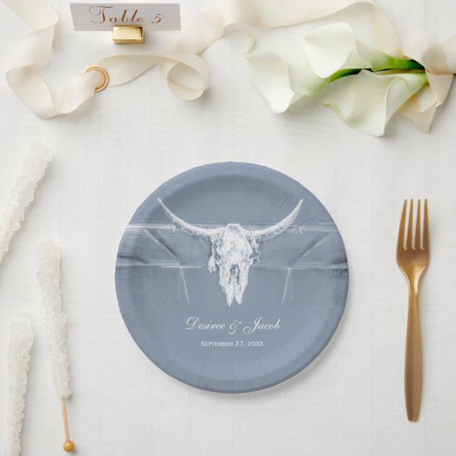 Rustic Dusty Blue White Western Cow Skull Wedding Paper Plate (Wedding)