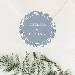 Rustic Dusty Blue White Wildflowers Wedding Favour Classic Round Sticker