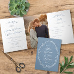 Rustic Dusty Blue Wildflower Boho Photo Wedding Tri-Fold Invitation<br><div class="desc">This elegant tri-fold wedding invitation features rustic hand-drawn wildflower accents paired with elegant typography. The inside of the card features the invitation, one vertical photo, and an rsvp card that can be cut and mailed. The rsvp card requires standard first class postage (not postcard rate). On the back of the...</div>