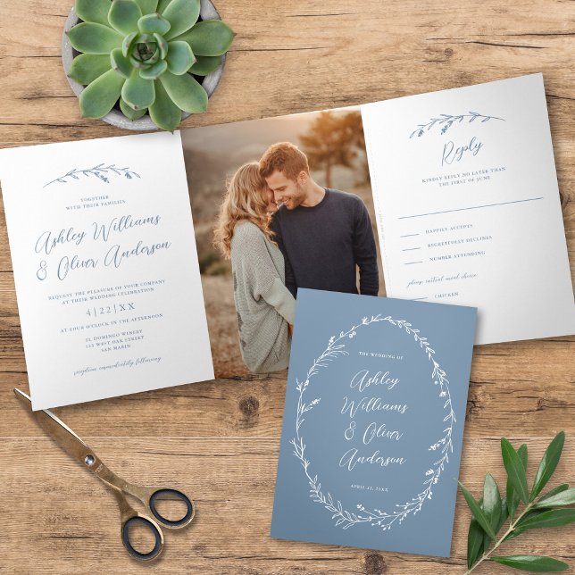 Rustic Dusty Blue Wildflower Boho Photo Wedding Tri-Fold Invitation (Creator Uploaded)