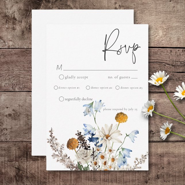 Rustic Dusty Blue Wildflowers & Daisies Dinner RSVP Card (Rustic Dusty Blue Wildflowers & Daisies Wedding Response Card with Dinner Options)