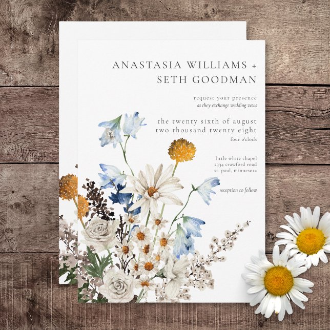 Rustic Dusty Blue Wildflowers & Daisies Invitation (Rustic Dusty Blue Wildflowers & Daisies Wedding Invitation)
