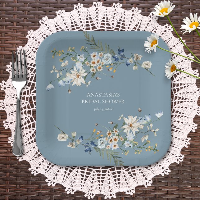 Rustic Dusty Blue Wildflowers & Daisies Shower Paper Plate (Creator Uploaded)