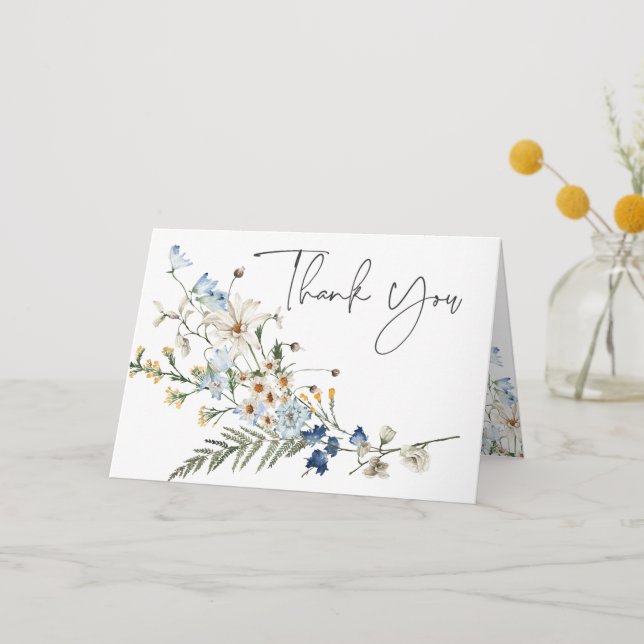 Rustic Dusty Blue Wildflowers & Daisies Shower Thank You Card (Front)