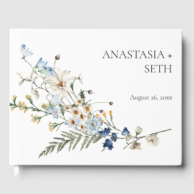 Rustic Dusty Blue Wildflowers & Daisies Wedding Guest Book (Front)