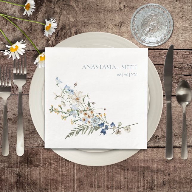 Rustic Dusty Blue Wildflowers & Daisies Wedding Napkin (Rustic Dusty Blue Wildflowers & Daisies Wedding Dinner Napkin)