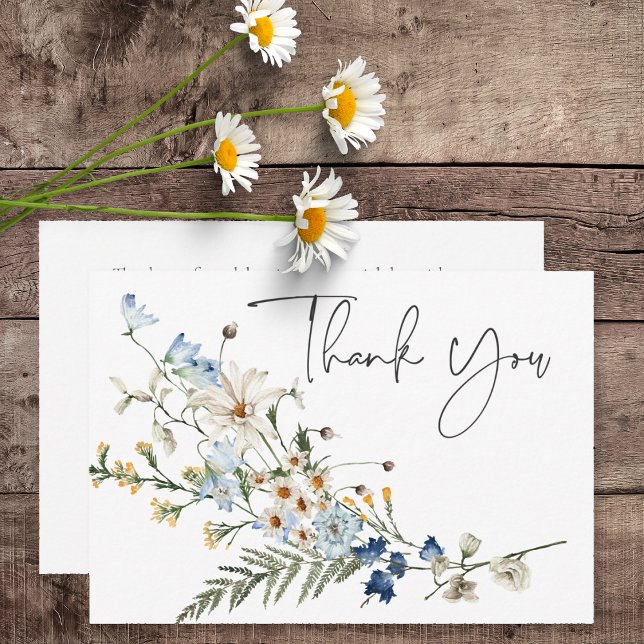 Rustic Dusty Blue Wildflowers & Daisies Wedding Thank You Card (Rustic Dusty Blue Wildflowers & Daisies Wedding Thank You Card)