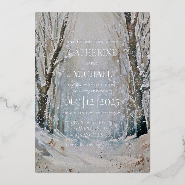 Rustic Dusty Blue Winter Forest Watercolor Wedding (Front)
