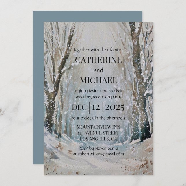 Rustic Dusty Blue Winter Forest Watercolor Wedding Invitation (Front/Back)