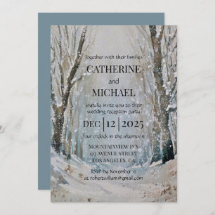Rustic Dusty Blue Winter Forest Watercolor Wedding Invitation