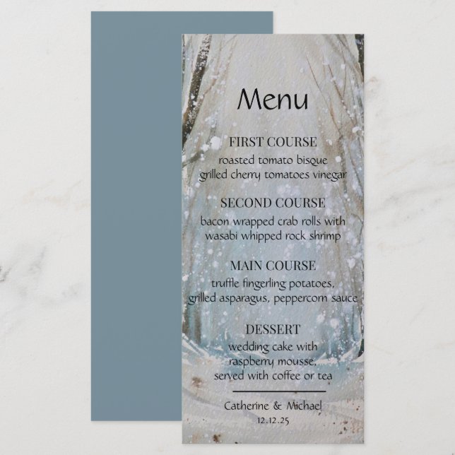 Rustic Dusty Blue Winter Forest Watercolor Wedding Menu (Front/Back)