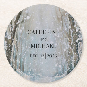 Rustic Dusty Blue Winter Forest Watercolor Wedding Round Paper Coaster