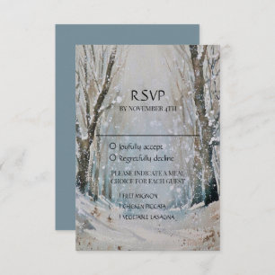 Rustic Dusty Blue Winter Forest Watercolor Wedding RSVP Card