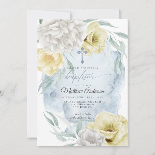Rustic Dusty Blue Yellow Floral BAPTISM  Invitation (Front)