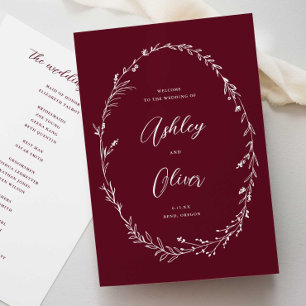 Rustic Dusty Burgundy Wildflower Wreath Wedding Programme