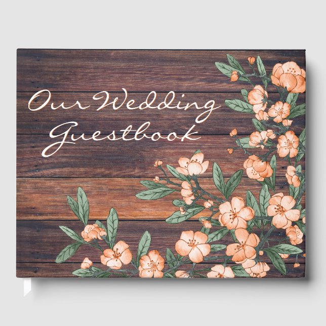 Rustic Dusty Green Orange Cherry Blossoms Wedding Guest Book (Front)