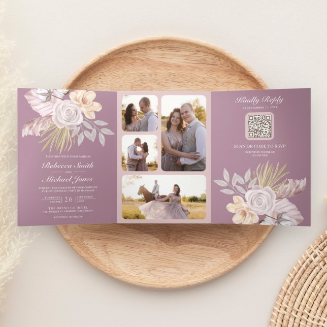 Rustic Dusty Mauve Pink Floral QR Code Wedding Tri-Fold Invitation (Creator Uploaded)