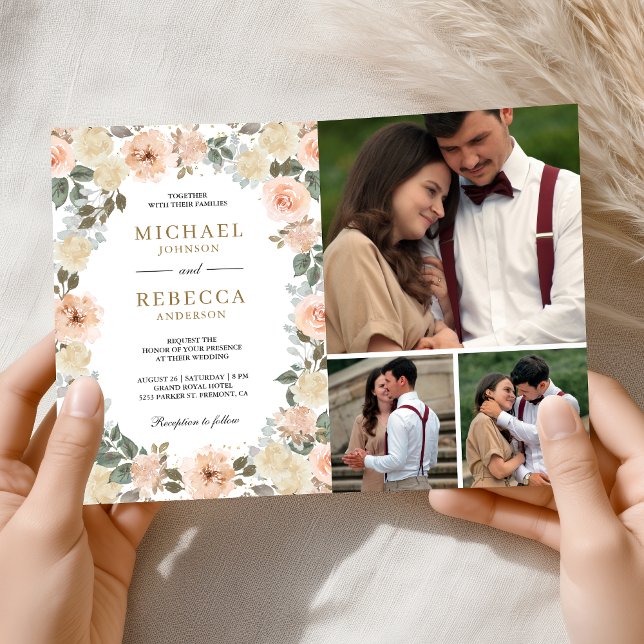 Rustic Dusty Peach Floral Photo QR Code Wedding Invitation (Creator Uploaded)