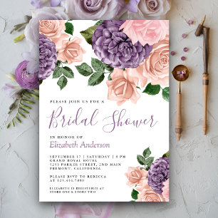 Rustic Dusty Peach Purple Floral Bridal Shower     Invitation