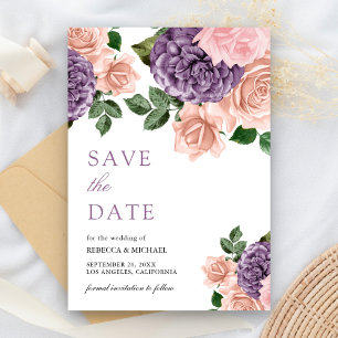 Rustic Dusty Peach Purple Floral Wedding Save The Date