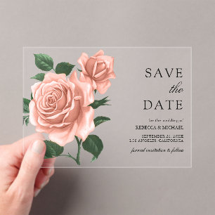Rustic Dusty Peach Roses Wedding Save the Date Acrylic Invitations