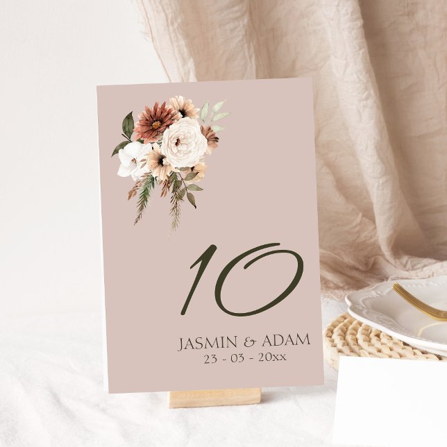Rustic Dusty Pink and Green Floral Table Number (Rustic Dusty Pink Floral Wedding Table Number)
