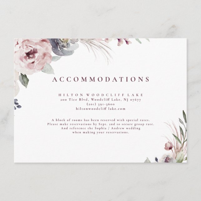 Rustic dusty pink boho floral accommodations enclosure card (Front)