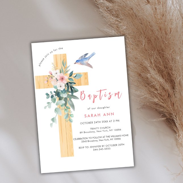 Rustic Dusty Pink Floral Eucalyptus Cross Baptism Invitation (Rustic Dusty Pink Floral Eucalyptus Cross Baptism Invitation)