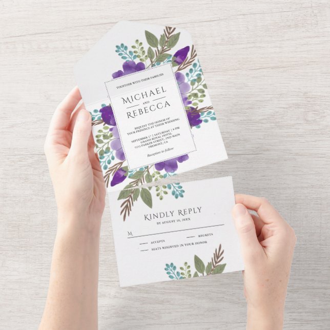 Rustic Dusty Purple Floral Bouquet Wedding All In One Invitation (Tearaway)