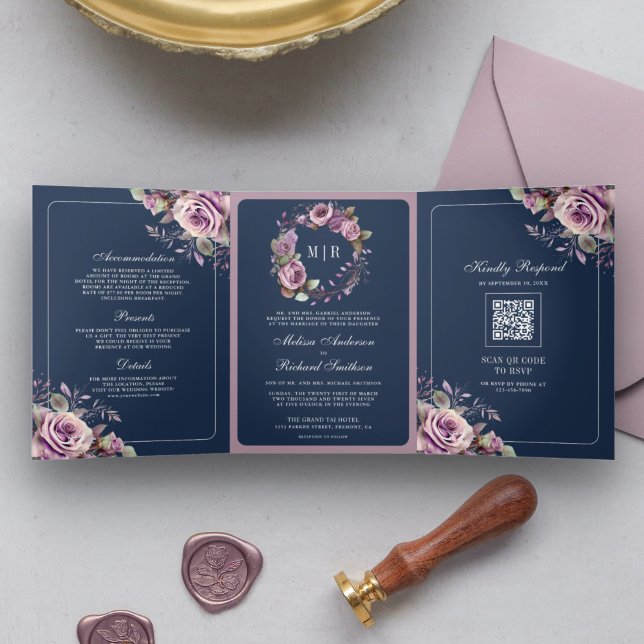 Rustic Dusty Purple Floral Navy QR Code Wedding Tri-Fold Invitation (Creator Uploaded)