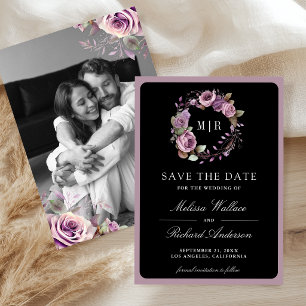 Rustic Dusty Purple Floral Photo Black Wedding Save The Date