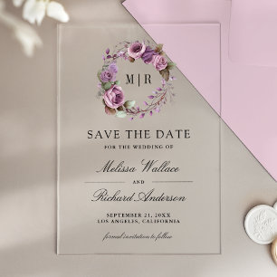 Rustic Dusty Purple Floral Wedding Save the Date Acrylic Invitations