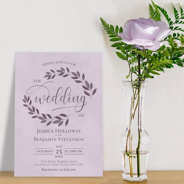 Rustic Dusty Purple Leaves Elegant Lilac Wedding Invitation (Creator Uploaded)