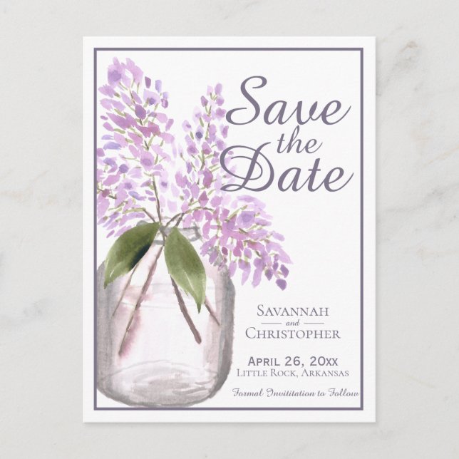 Rustic Dusty Purple Lilacs Wedding Save the Date Invitation Postcard (Front)