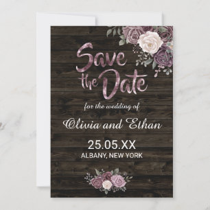 Rustic Dusty Purple Rose Floral on Dark Wood Save The Date