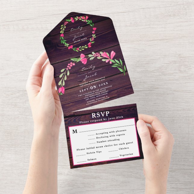 Rustic Dusty Purple Wood Barn Pink Floral Wed RSVP All In One Invitation (Tearaway)