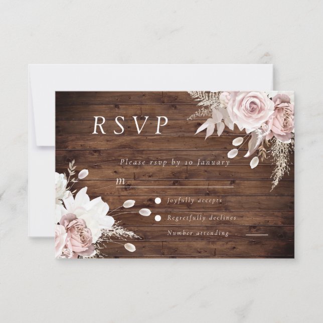 Rustic Dusty Rose Blush Floral Wedding All Event RSVP Card (Front)