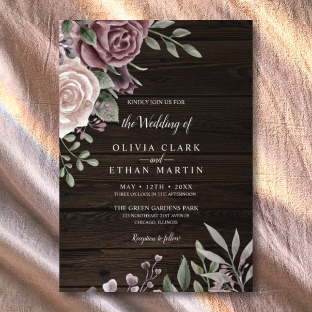 Rustic Dusty Rose Floral Bouquet on Dark Wood Invi Invitation (Creator Uploaded)
