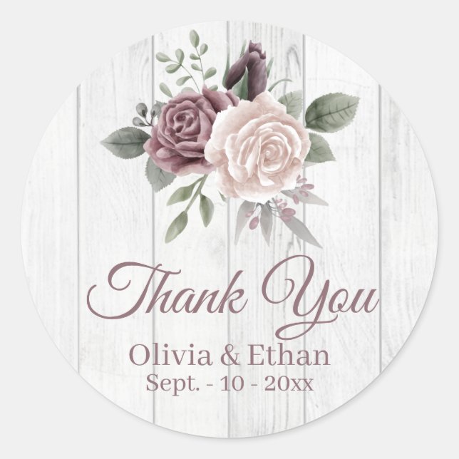 Rustic Dusty Rose Floral Bouquet Wood Classic Round Sticker (Front)