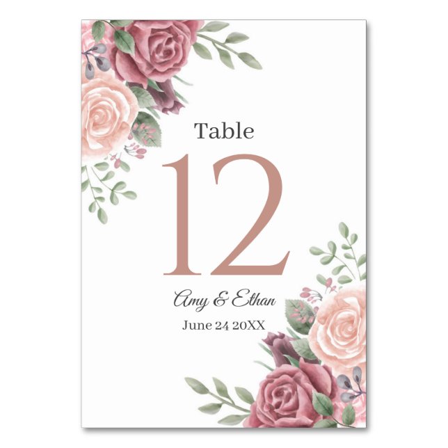 Rustic Dusty Rose Floral Table Number (Front)