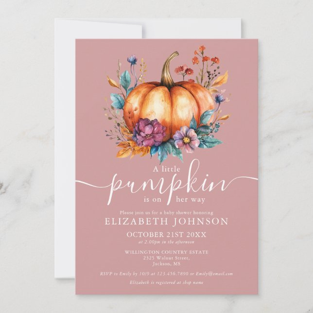 Rustic Dusty Rose Little Pumpkin Girl Baby Shower Invitation (Front)
