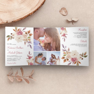 Rustic Dusty Rose Pink and Ivory Floral Wedding Tri-Fold Invitation