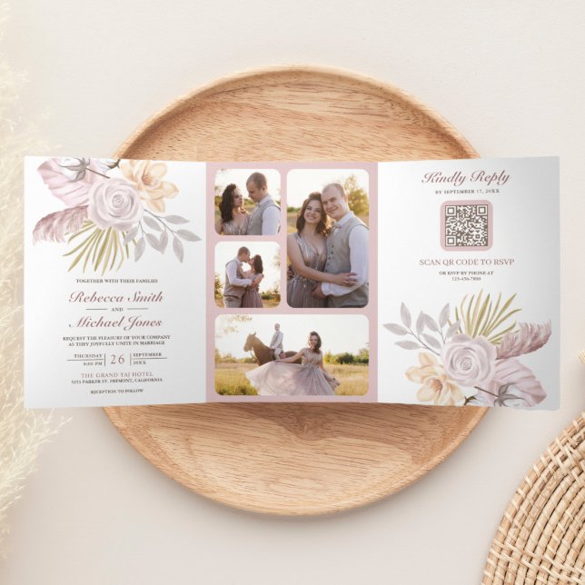 Rustic Dusty Rose Pink Floral QR Code Wedding Tri-Fold Invitation (Creator Uploaded)