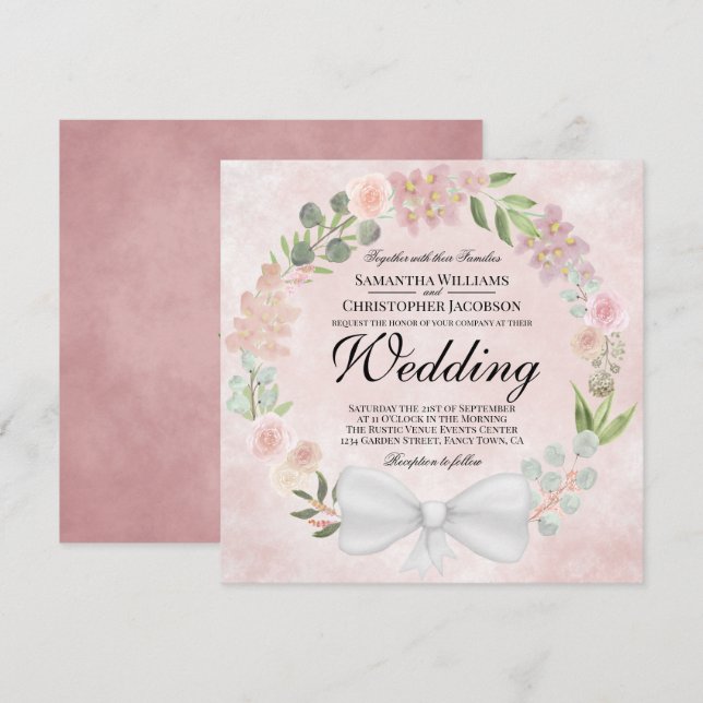 Rustic Dusty Rose Watercolor Wreath Wedding Invitation (Front/Back)