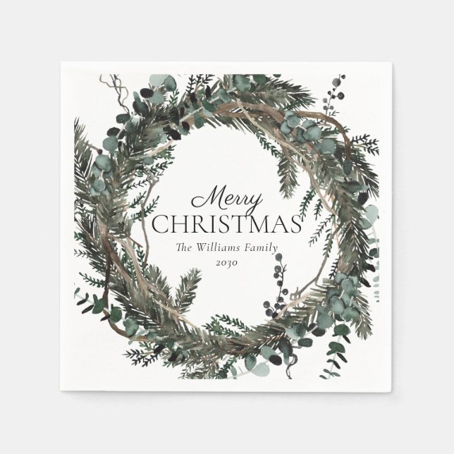 Rustic Dusty Winter Wreath Merry Christmas Napkin (Front)