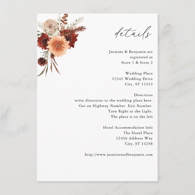 Rustic Earth & Champagne Florals Details Enclosure Card (Front)