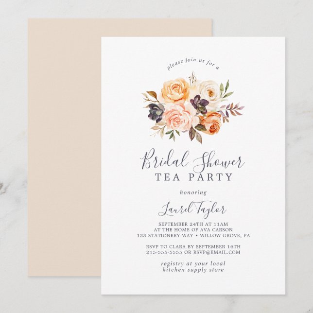 Rustic Earth Florals Bridal Shower Tea Party Invitation (Front/Back)