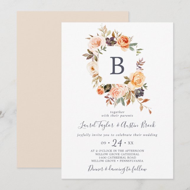 Rustic Earth Florals Monogram Wedding Invitation (Front/Back)